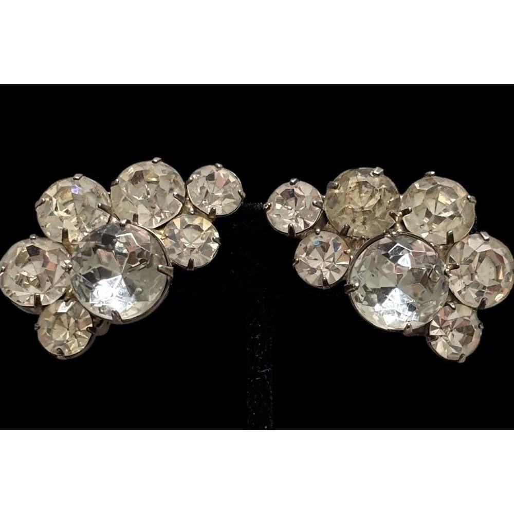 MCM Large Rhinestone Cluster Clip-On Earrings 1.40 Inches Silver Tone Sparkly